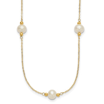 14k Polished 8-9mm Near-Round White Freshwater Cultured Pearl 5-Station 18 inch Necklace - Birthstone Company