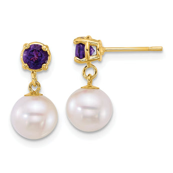 14k Polished 7-8mm Round White Freshwater Cultured Pearl and Garnet Dangle Post Earrings