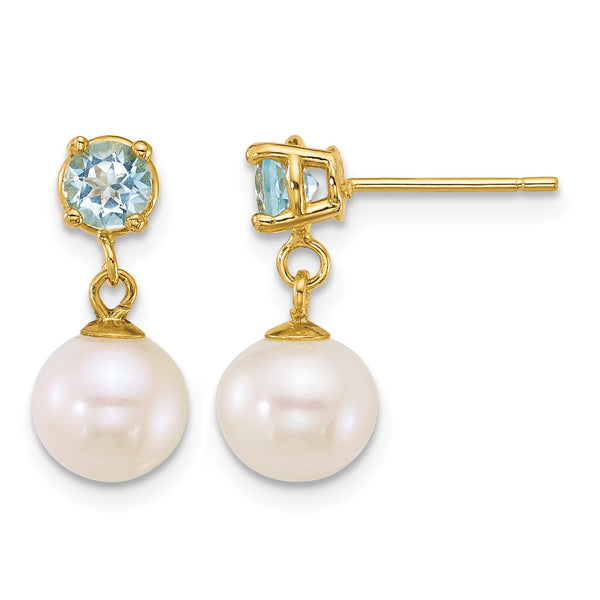 14k Polished 7-8mm Round White Freshwater Cultured Pearl and Blue Topaz Dangle Post Earrings - Birthstone Company