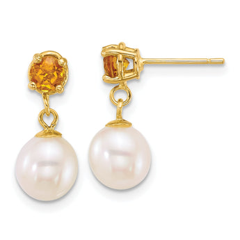 14k Polished 7-8mm Round White Freshwater Cultured Pearl and Citrine Dangle Post Earrings
