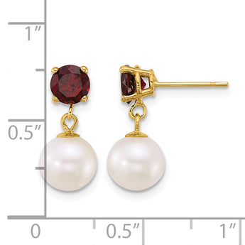 14k Polished 7-8mm Round White Freshwater Cultured Pearl and Garnet Dangle Post Earrings - Birthstone Company