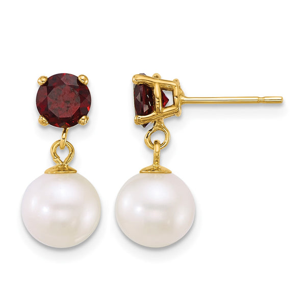 14k Polished 7-8mm Round White Freshwater Cultured Pearl and Garnet Dangle Post Earrings - Birthstone Company