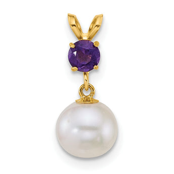 14k Polished 7-8mm Round White Freshwater Cultured Pearl Dangle and Amethyst Pendant - Birthstone Company