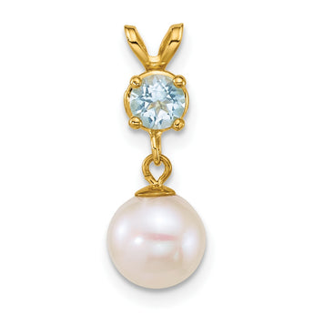 14k Polished 7-8mm Round White Freshwater Cultured Pearl Dangle and Blue Topaz Pendant - Birthstone Company