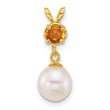 14k Polished 7-8mm Round White Freshwater Cultured Pearl Dangle and Citrine Pendant