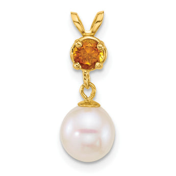 14k Polished 7-8mm Round White Freshwater Cultured Pearl Dangle and Citrine Pendant - Birthstone Company