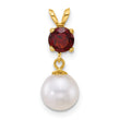 14k Polished 7-8mm Round White Freshwater Cultured Pearl Dangle and Garnet Pendant - Birthstone Company