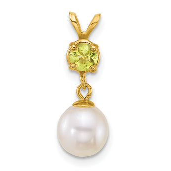 14k Polished 7-8mm Round White Freshwater Cultured Pearl Dangle and Peridot Pendant - Birthstone Company