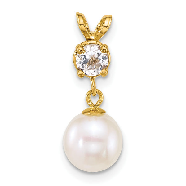 14k Polished 7-8mm Round White Freshwater Cultured Pearl Dangle and White Topaz Pendant - Birthstone Company
