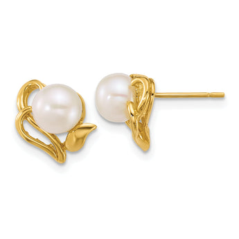 14k Polished 6-7mm Button White Freshwater Cultured Pearl Flower Post Earrings