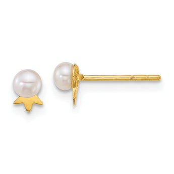 14k Polished 3-4mm Round White Freshwater Cultured Pearl with Crown Post Earrings