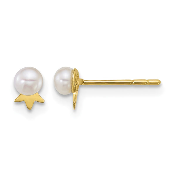 14k Polished 3-4mm Round White Freshwater Cultured Pearl with Crown Post Earrings - Birthstone Company