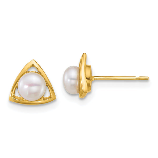 14k Polished 4-5mm Button White Freshwater Cultured Pearl Triangle Post Earrings