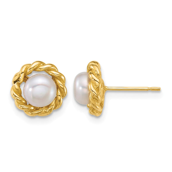 14k Polished 5-6mm Button White Freshwater Cultured Pearl Twisted Edge Post Earrings - Birthstone Company