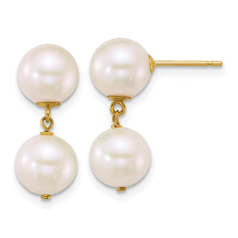 14k Polished 7-8mm Round White Freshwater Cultured 2-Pearl Dangle Post Earrings