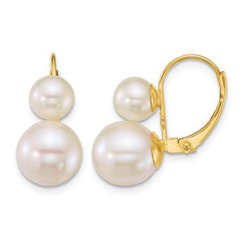 14k Polished 6-9mm Round White Freshwater Cultured 2-Pearl Leverback Earrings - Birthstone Company
