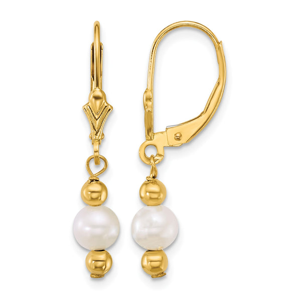 14k Polished 5-6mm Round White Freshwater Cultured Pearl Dangle Leverback Earrings - Birthstone Company