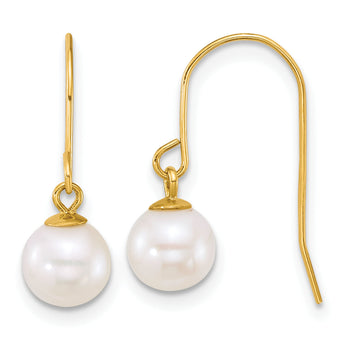 14k Polished 6-7mm Round White Freshwater Culture Pearl Dangle Shepherd Hook Earrings