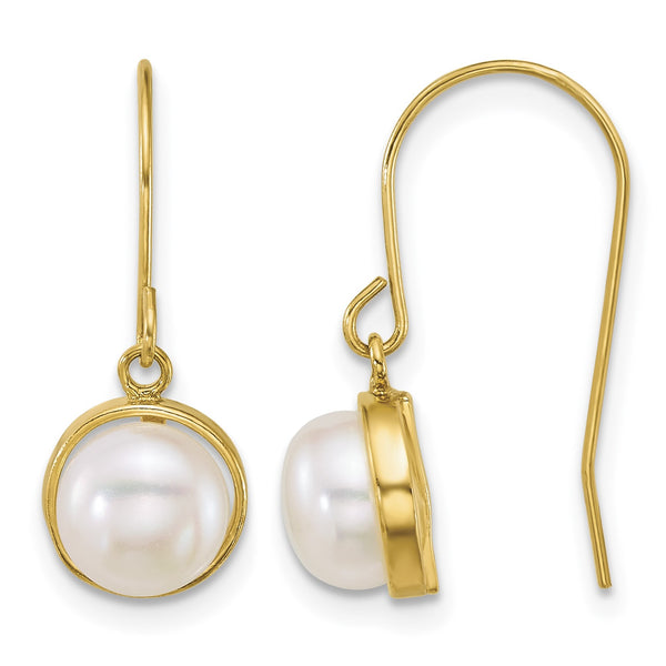 14k Polished 6-7mm Button White Freshwater Cultured Pearl Dangle Shepherd Hook Earrings - Birthstone Company