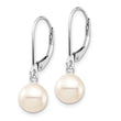 14k White Gold 7-8mm White Round Freshwater Cultured Pearl Dangle Leverback Earrings - Birthstone Company