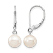 14k White Gold 7-8mm White Round Freshwater Cultured Pearl Dangle Leverback Earrings - Birthstone Company