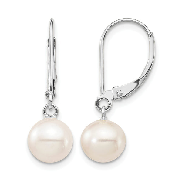 14k White Gold 7-8mm White Round Freshwater Cultured Pearl Dangle Leverback Earrings - Birthstone Company
