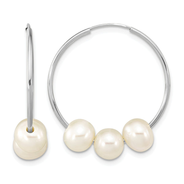 14k White Gold 6-7mm White Semi-Round Freshwater Cultured 3 Pearl Hoop Earrings - Birthstone Company
