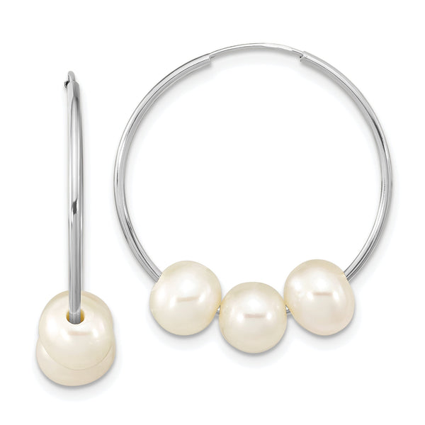 14k White Gold 6-7mm White Semi-Round Freshwater Cultured 3 Pearl Hoop Earrings