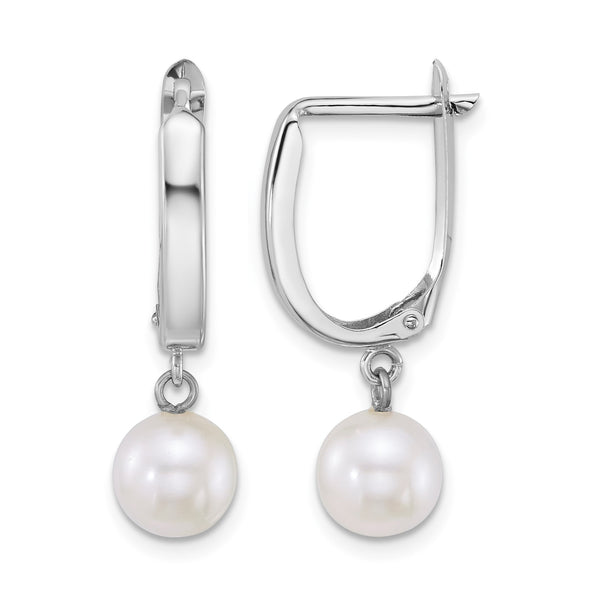 14k White Gold Polished 7-8mm Round White Freshwater Cultured Pearl Dangle Hoop Earrings - Birthstone Company