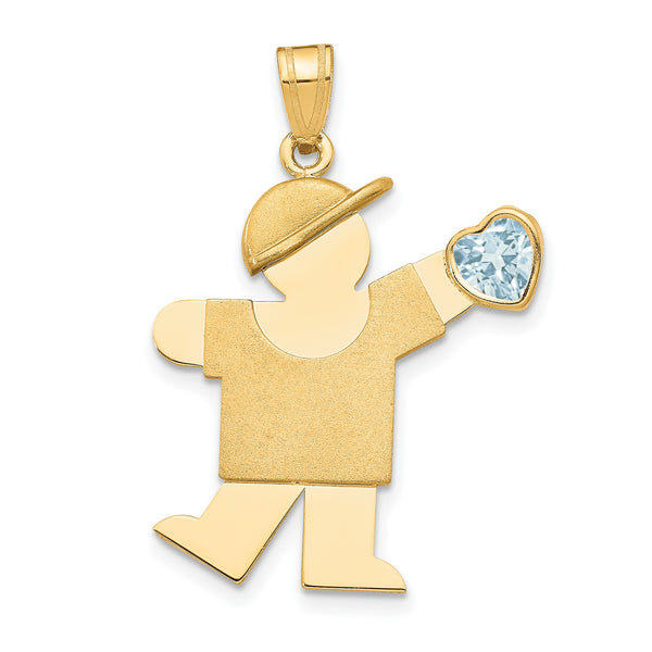 14k The Kids Boy with Light Blue CZ March Birthstone Engravable Kiss Charm - Birthstone Company