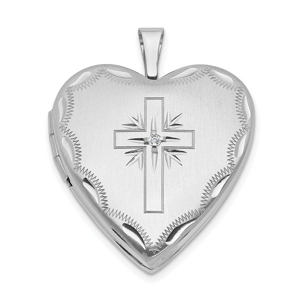 14K White Gold 20mm Diamond Satin & Diamond Cut Cross Heart Locket