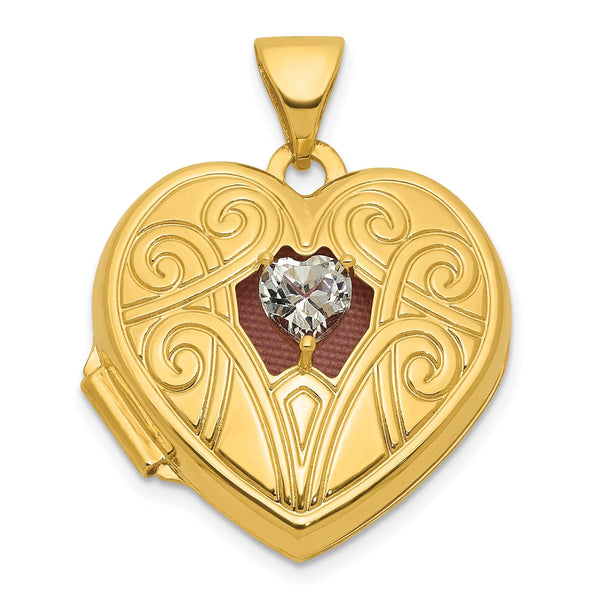 Heart Locket in 14K Yellow Gold with White Topaz Accent, 19mm Textured