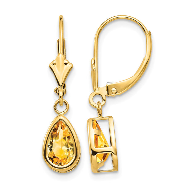 14k 8x5mm Pear Citrine Leverback Earrings - Birthstone Company