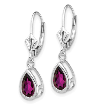 14k White Gold 8x5mm Pear Rhodolite Garnet Leverback Earrings - Birthstone Company