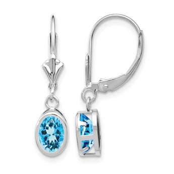 14k White Gold 7x5mm Oval Blue Topaz Leverback Earrings - Birthstone Company
