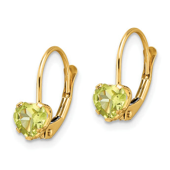 14k 5mm Heart Peridot Leverback Earrings - Birthstone Company