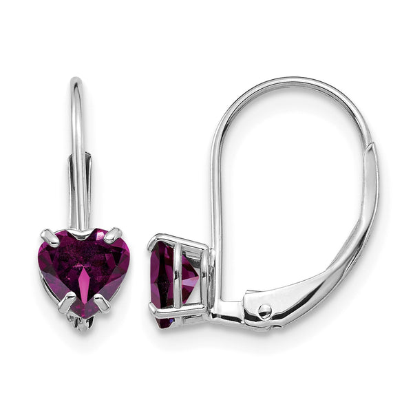14k White Gold 5mm Heart Rhodolite Garnet Leverback Earrings - Birthstone Company