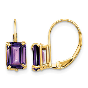 14k 7x5mm Emerald Cut Amethyst Leverback Earrings - Birthstone Company
