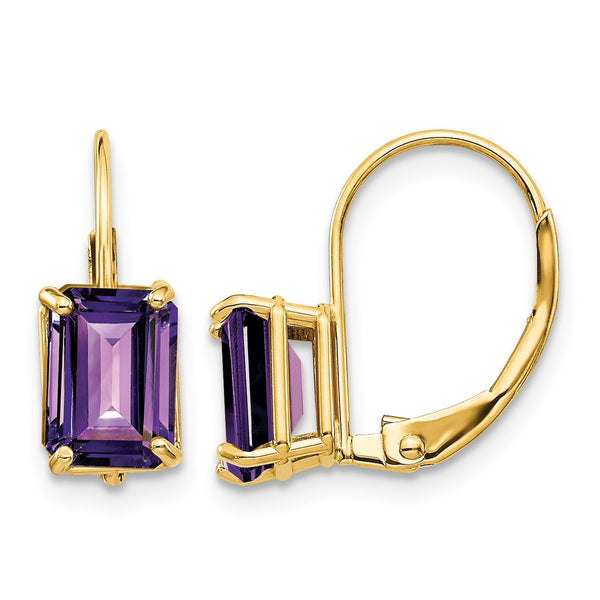 14k 7x5mm Emerald Cut Amethyst Leverback Earrings - Birthstone Company