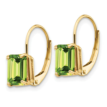 14k 7x5mm Emerald Cut Peridot Leverback Earrings - Birthstone Company