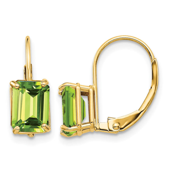 14k 7x5mm Emerald Cut Peridot Leverback Earrings - Birthstone Company