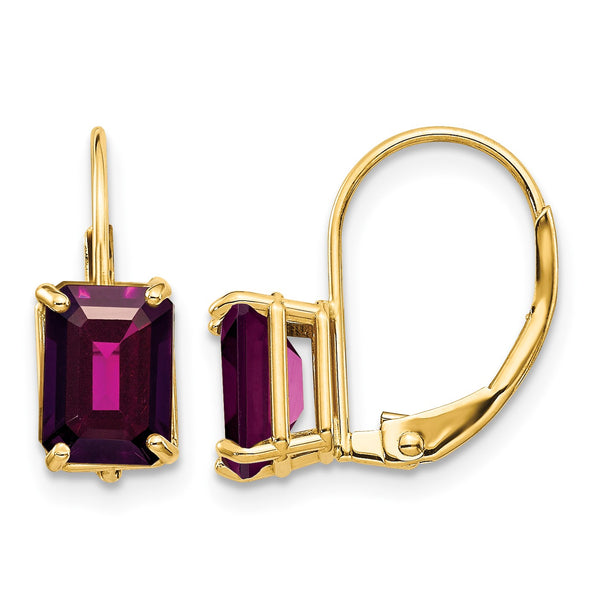 14k 7x5mm Emerald Cut Rhodolite Garnet Leverback Earrings - Birthstone Company