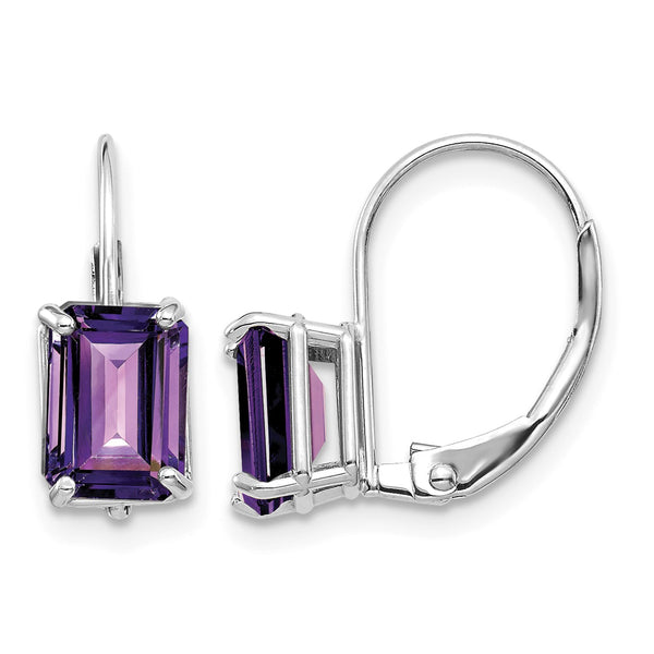 14k White Gold 7x5mm Emerald Cut Amethyst Leverback Earrings - Birthstone Company