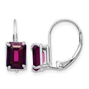 14k White Gold 7x4 Emerald Cut Rhodolite Garnet Leverback Earrings - Birthstone Company