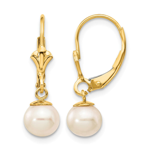 14K 6-7mm White Round Freshwater Cultured Pearl Leverback Earrings - Birthstone Company