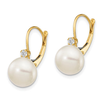 14K 10-11mm White Button FWC Pearl .10ct Diamond Leverback Earrings - Birthstone Company