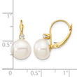 14K 10-11mm White Button FWC Pearl .10ct Diamond Leverback Earrings - Birthstone Company