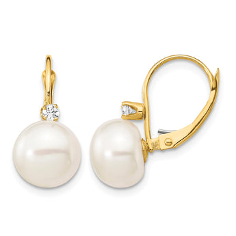 14K 10-11mm White Button FWC Pearl .10ct Diamond Leverback Earrings - Birthstone Company