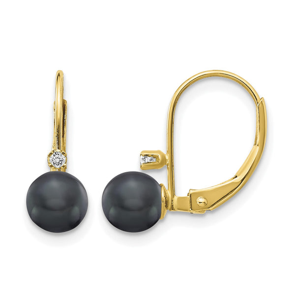 14k 5-6mm Black FW Cultured Pearl AA Diamond Leverback Earrings - Birthstone Company