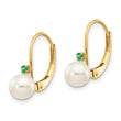 14k 5-5.5mm White Round FW Cultured Pearl Emerald Leverback Earrings - Birthstone Company